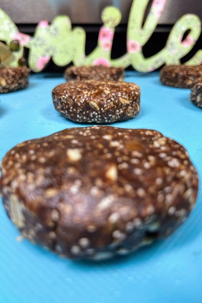 50 Easy Christmas Cookie Recipes with 7 Ingredients or Less 16 close up of chocolate protein cookies on blue tray