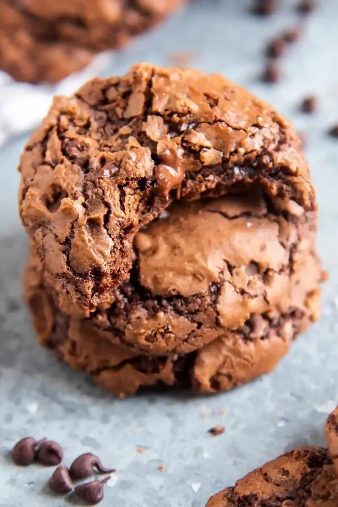 close up of fudge cookies with melted chocolate chips 