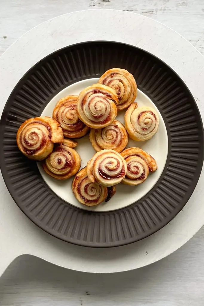 pie crust cookies in shape of cinnamon roll on white and black serving plate 