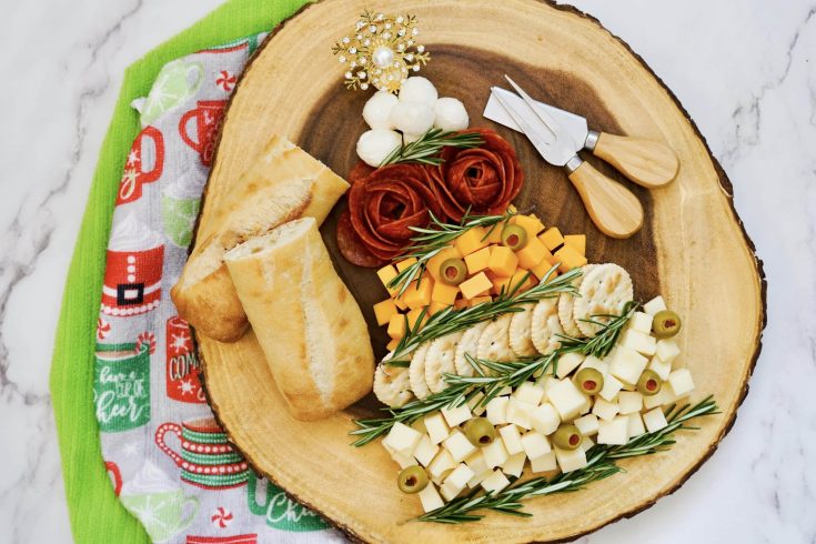 Easy Christmas Tree Charcuterie Board 14 Christmas Tree Charcuterie Board on circle platter with bread