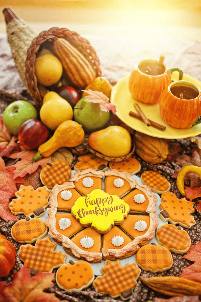 Thanksgiving table with pumpkin cookies