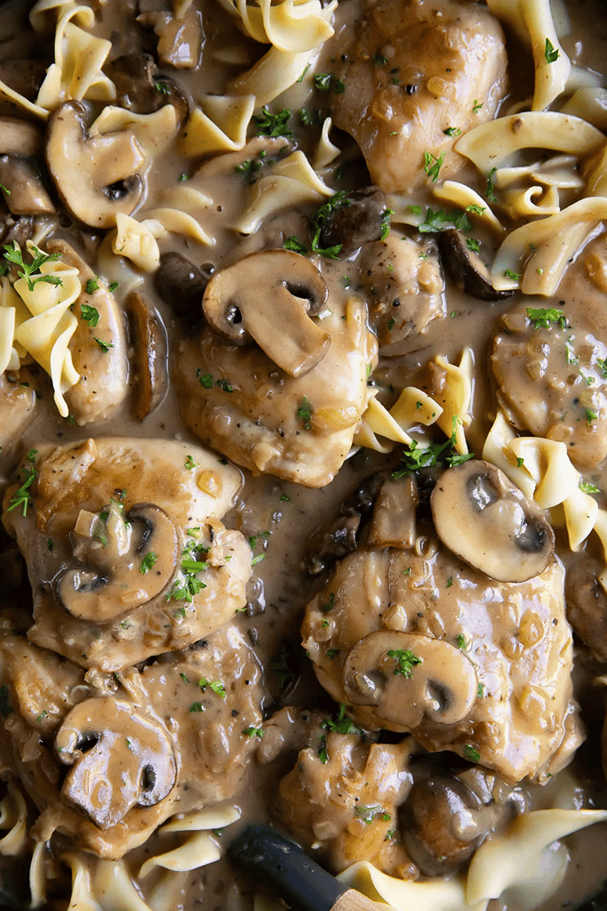 boneless skinless chicken thighs stroganoff with noodles and mushrooms 