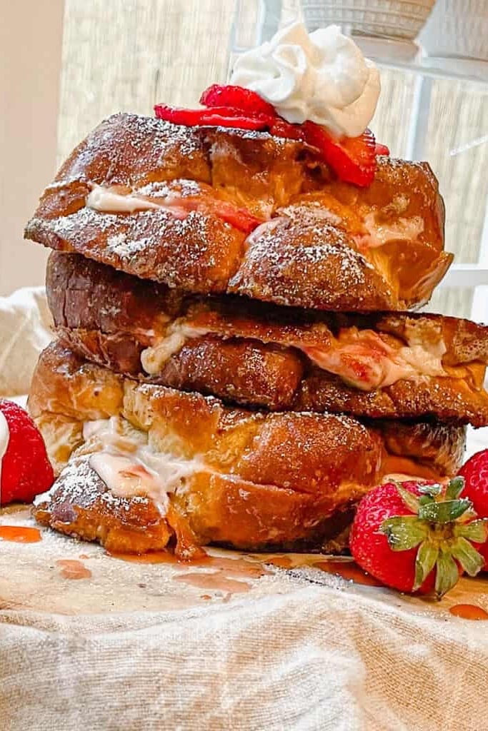 25 Valentine’s Day Breakfast Ideas For Kids 12 stack of slices of caramel strawberry toast with strawberries
