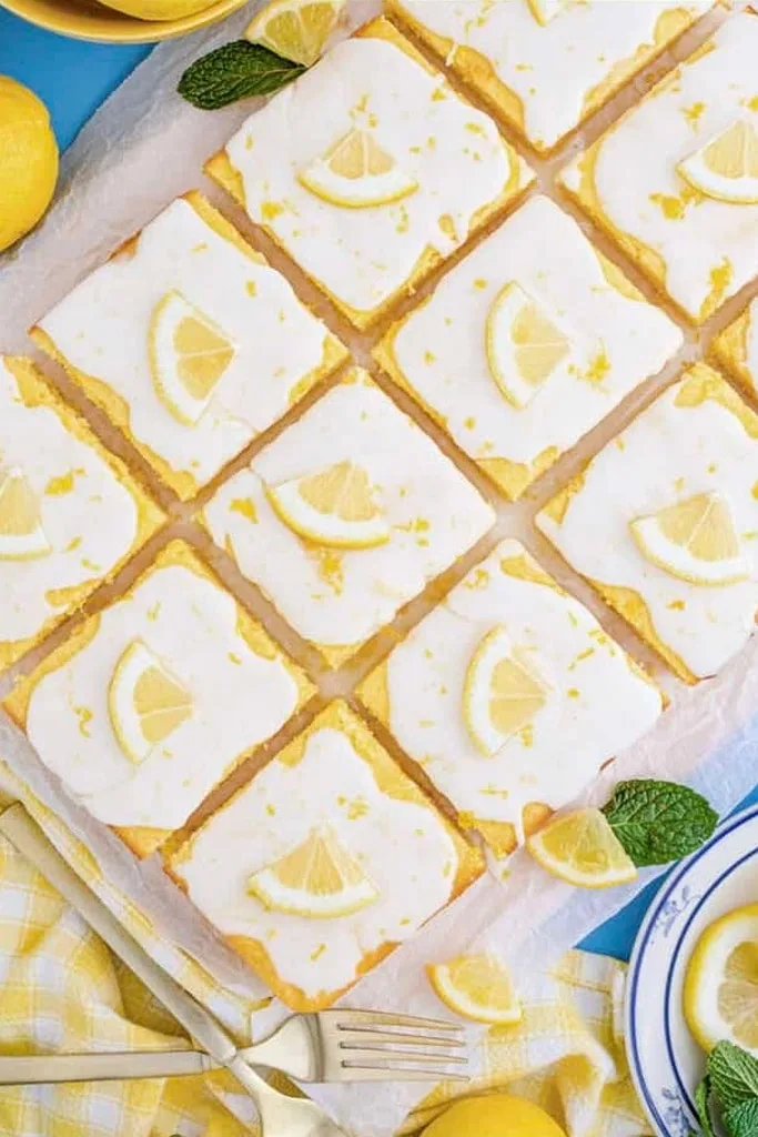 lemon box cake mix with pudding recipe cut in squares with lemon slices on top 