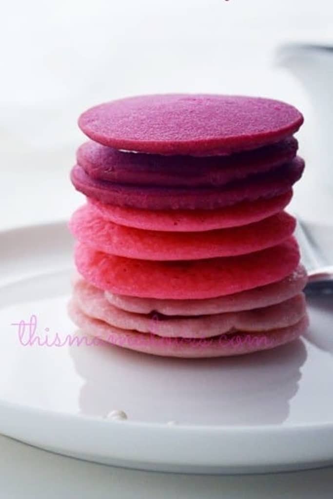 25 Valentine’s Day Breakfast Ideas For Kids 16 stack of valentines day colored ombre pancakes