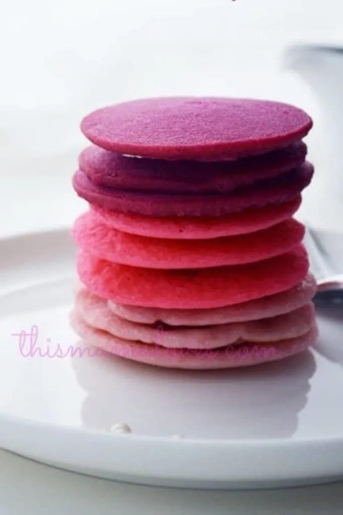 25 Valentine’s Day Breakfast Ideas For Kids 16 stack of valentines day colored ombre pancakes