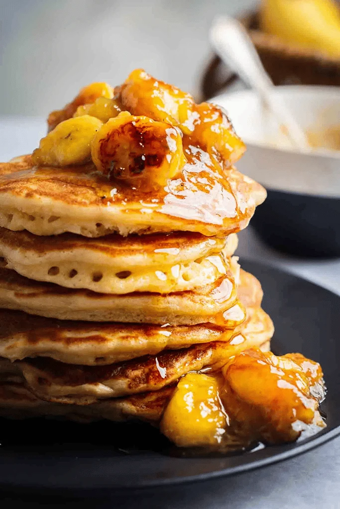 stack of caramel banana pancakes 