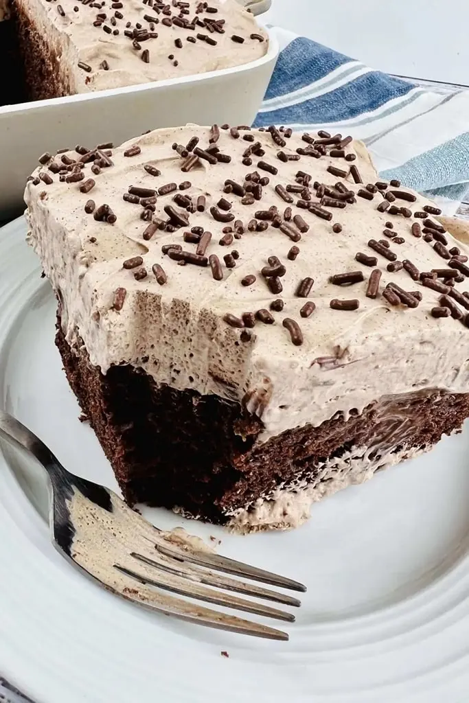 square of chocolate poke cake with chocolate frosting and chocolate sprinkles 