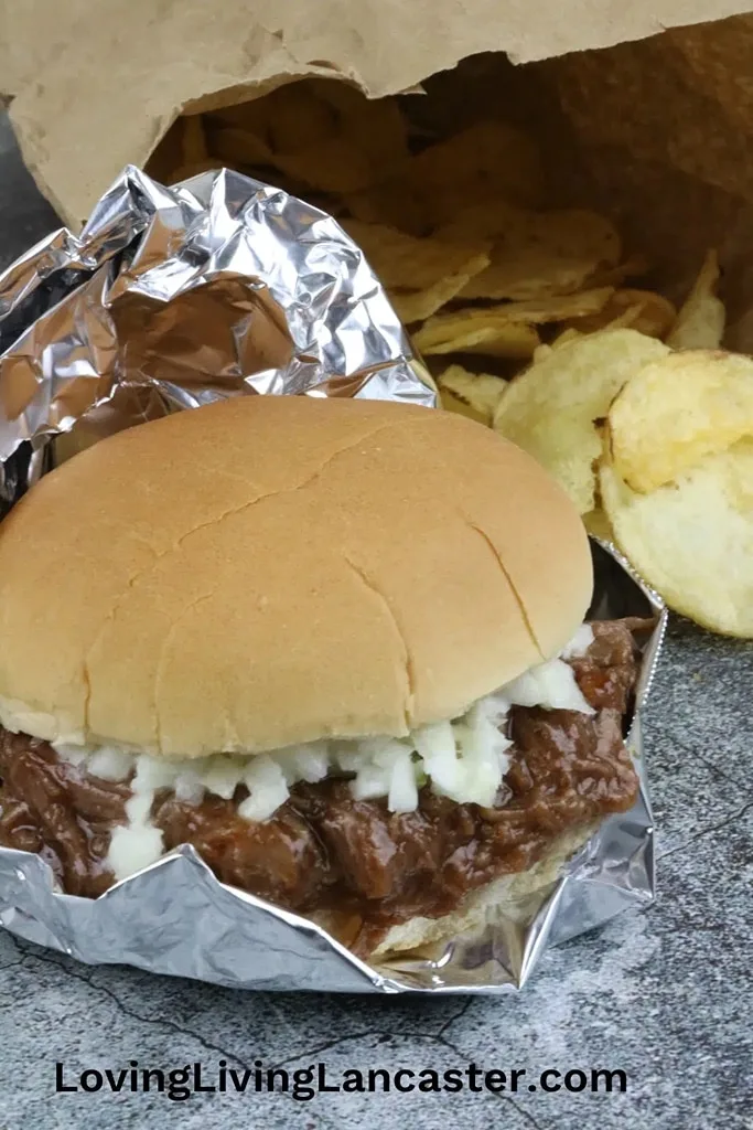 deer meat venison BBQ sandwiches with cole slaw and chips on the side 