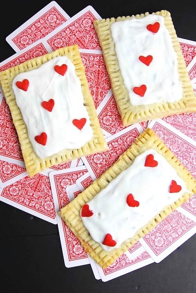 25 Valentine’s Day Breakfast Ideas For Kids 21 rectangle queen of hearts tarts with red hearts on top of playing cards