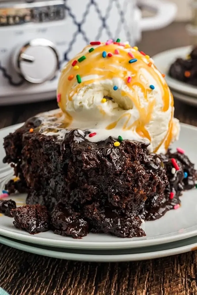 slice of hot fudge cake with scoop of vanilla ice cream with caramel drizzle and colorful sprinkles 