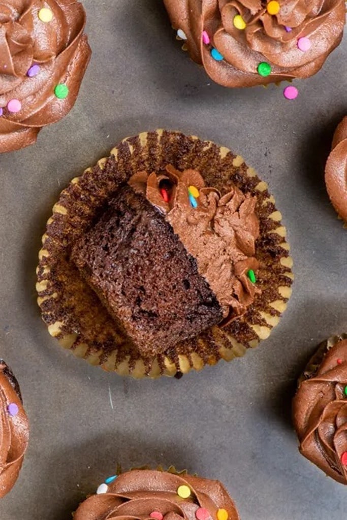 chocolate cupcake with chocolate icing with colorful sprinkles 