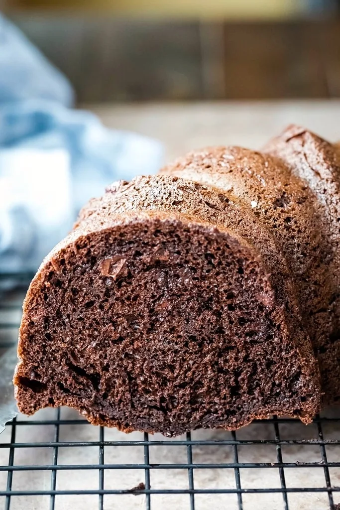 chocolate bundt cake on wire rack 