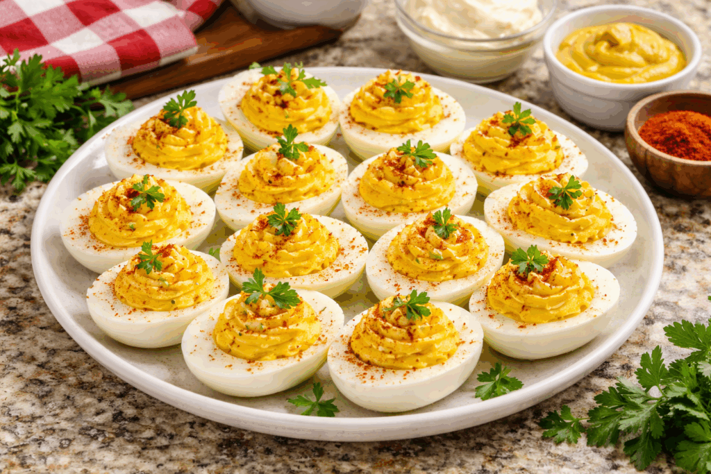 Easy Deviled Eggs Recipe 2 A plate of easy deviled eggs garnished with parsley and paprika sits on a granite countertop, surrounded by bowls of mustard, mayonnaise, and paprika.