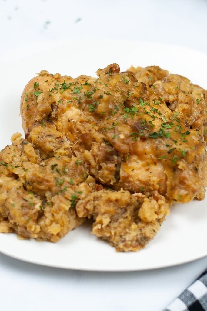 chicken stuffing casserole on white plate 