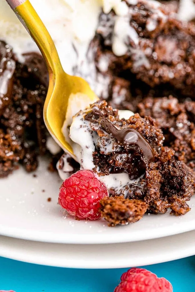 crockpot chocolate cake with gold fork 