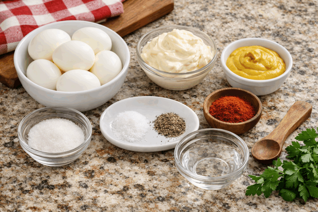 Easy Deviled Eggs Recipe 6 Ingredients for easy deviled eggs: hard-boiled eggs, mayonnaise, mustard, sugar, salt, pepper, paprika, vinegar, and parsley arranged on a granite countertop.