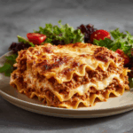 A slice of slow cooker lasagna with layers of meat sauce and cheese on a plate, served with a side salad of mixed greens and cherry tomatoes.