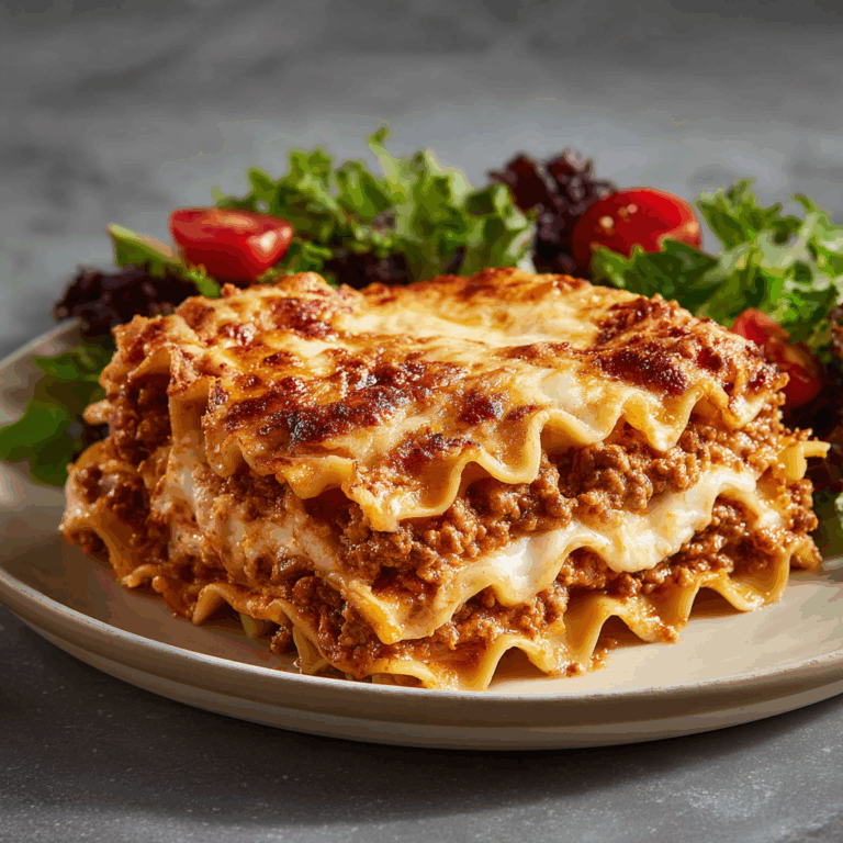 A slice of slow cooker lasagna with layers of meat sauce and cheese on a plate, served with a side salad of mixed greens and cherry tomatoes.