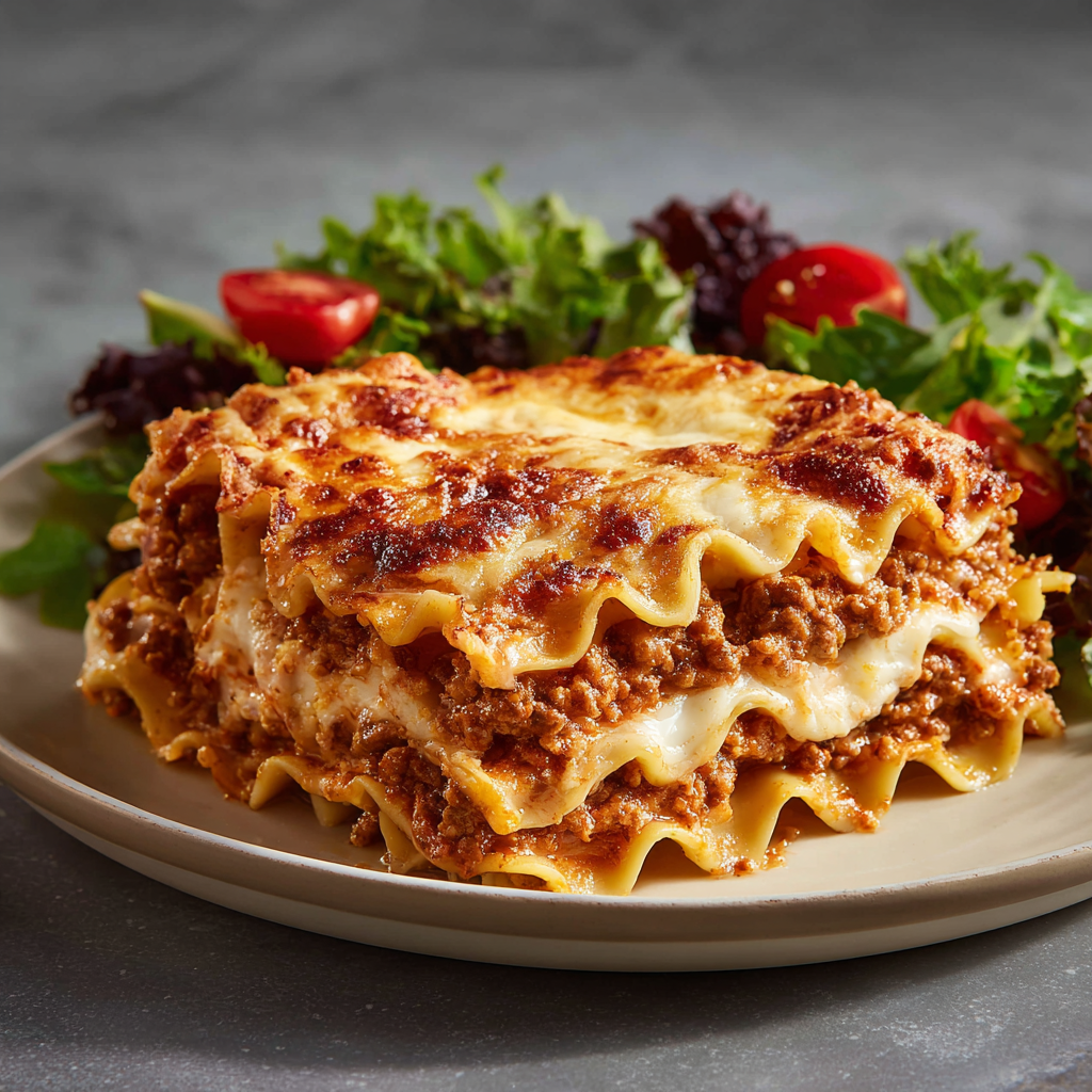 A slice of slow cooker lasagna with layers of meat sauce and cheese on a plate, served with a side salad of mixed greens and cherry tomatoes.