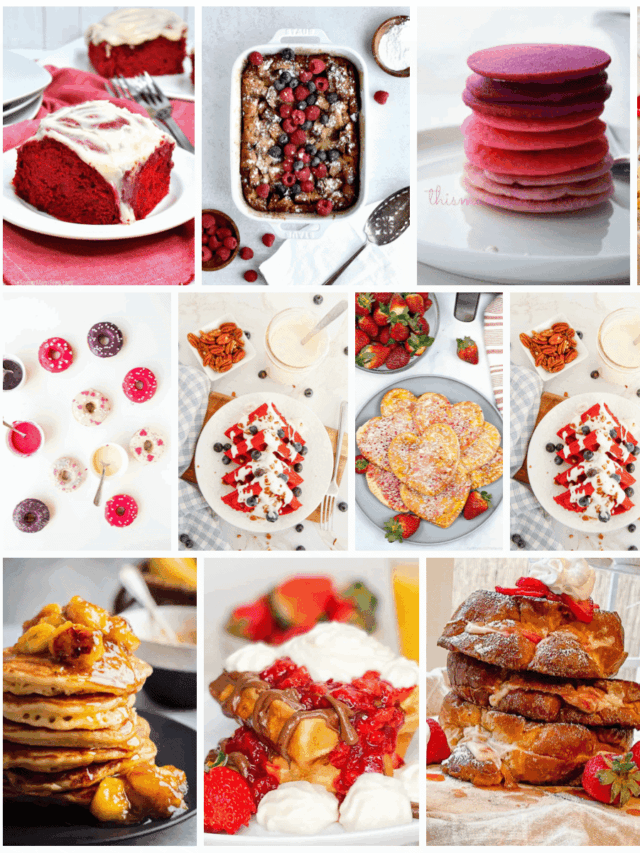 A collage of various breakfast and dessert dishes, including pancakes, waffles, French toast, berry-topped dishes, and colorful macarons arranged on plates and serving trays.