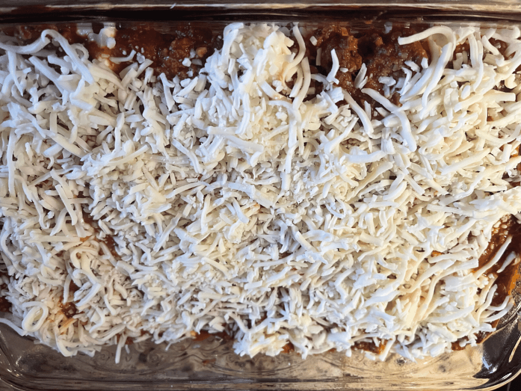 Mom's Easy Lasagna with Cottage Cheese 8 shredded cheese on top of lasagna prior to baking