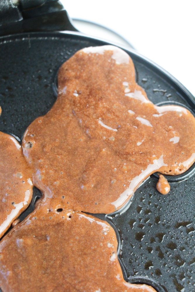 Chocolate Mickey Mouse Waffles 17 chocolate cake batter poured in Mickey Mouse waffle maker