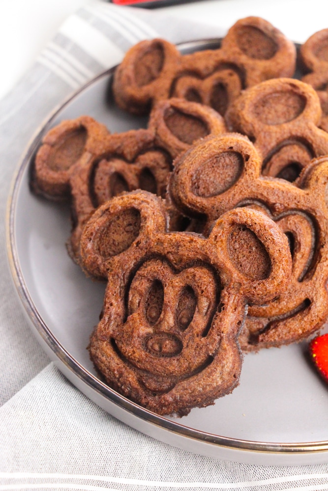 Chocolate Mickey Mouse Waffles 13 white plate of cooked Mickey Mouse waffles