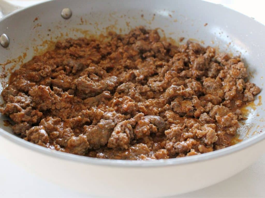 Taco Bell Enchrito Copycat Recipe 5 seasoned ground beef in a white bowl