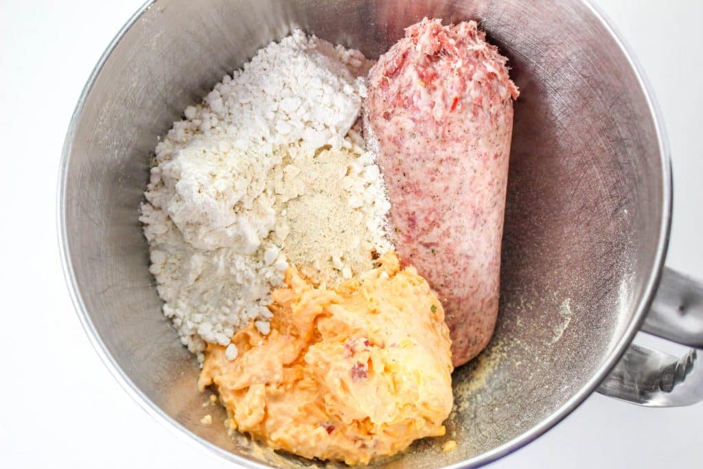 3 Ingredient Sausage Cheese Balls with Pimento Cheese 15 Pimento Cheese Sausage Balls ingredients in mixing bowl