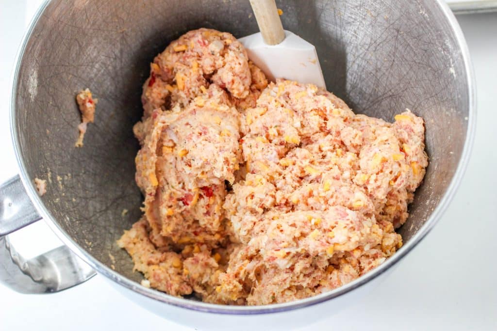 3 Ingredient Sausage Cheese Balls with Pimento Cheese 16 Pimento Cheese Sausage Balls ingredients combined in mixing bowl