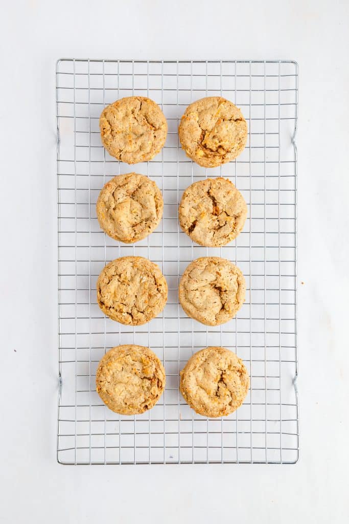 Carrot Cake Cookies 28 Carrot cake cookies on wire cooking rack.