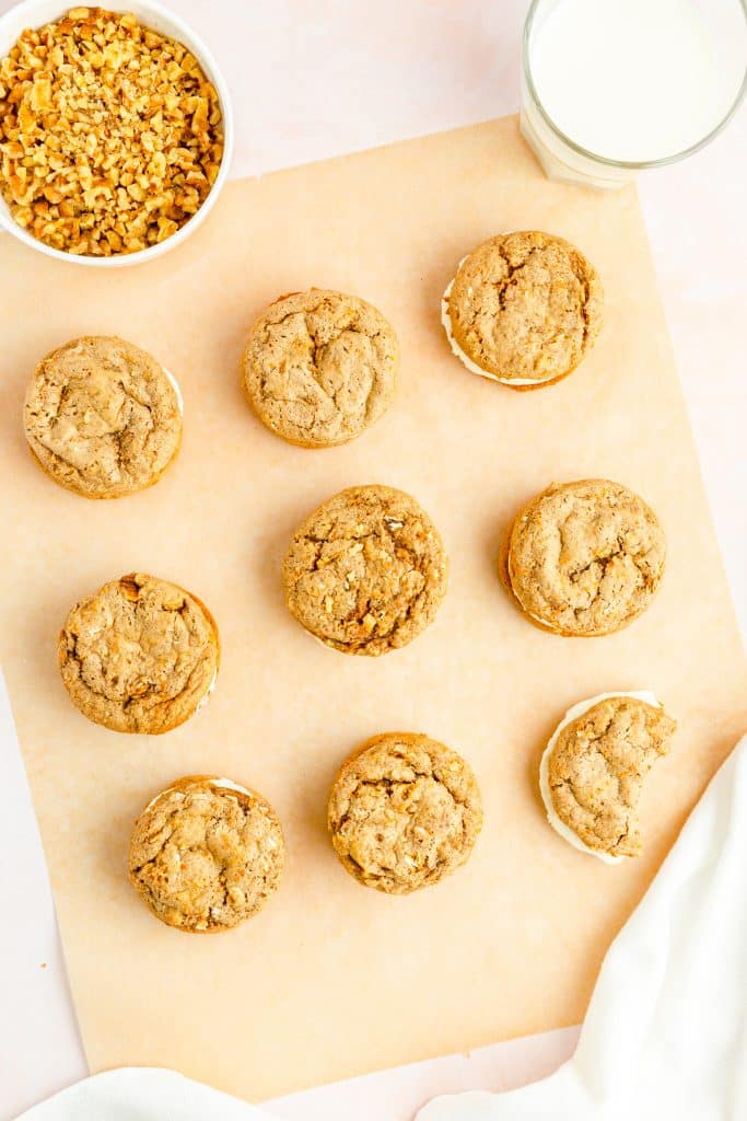 Carrot Cake Cookies 23 Overhead view of baked Carrot Cake Mix Cookie Sandwiches.