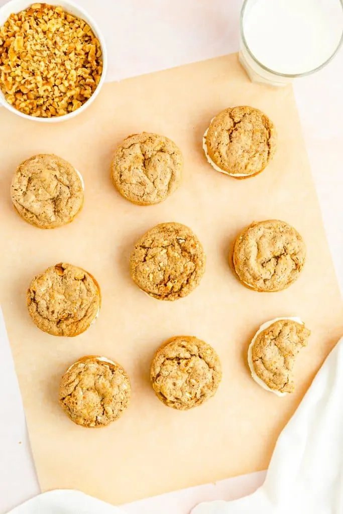 Overhead view of baked Carrot Cake Mix Cookie Sandwiches.
