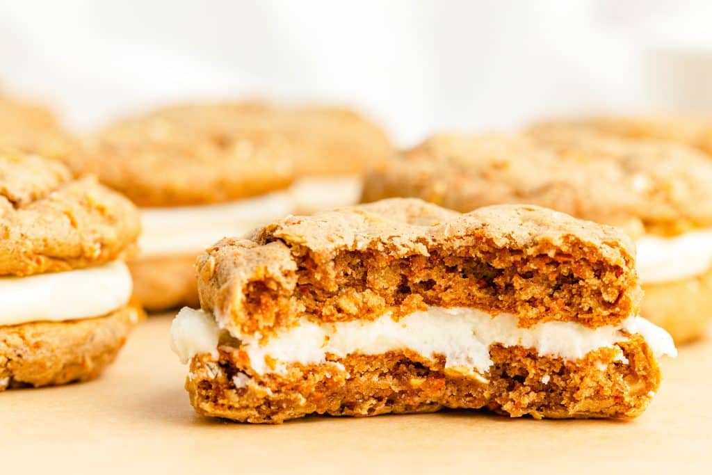 Carrot Cake Cookies 31 Close up of center of Carrot Cake Mix Cookie Sandwiches with frosting