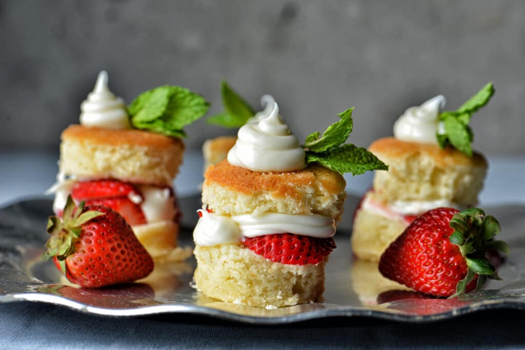 Strawberry Shortcake Biscuits with Refrigerated Biscuits 7 mini strawberry shortcake biscuits on platter