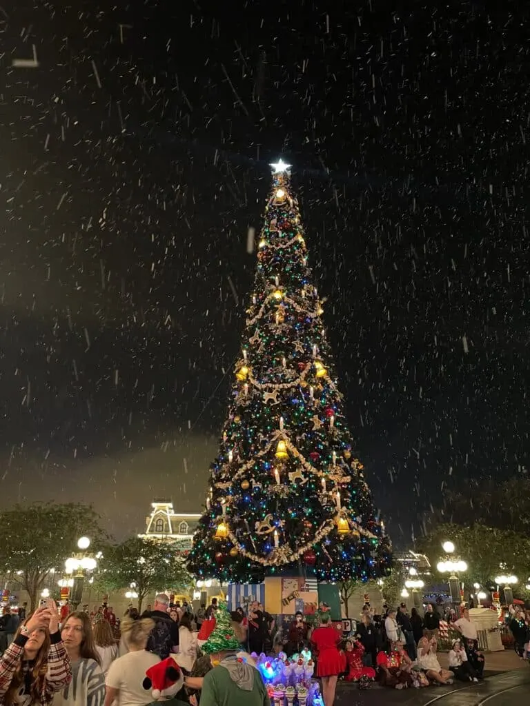 Snow during Christmas Party at Disney World with Christmas tree in background.