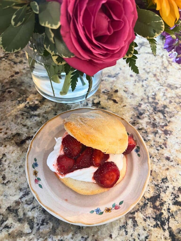 Strawberry Shortcake Biscuits with Refrigerated Biscuits 6 strawberry shortcake assembled on small plate