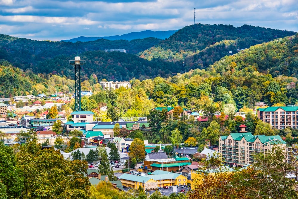 aerial view of downtown Gatlinburg, Tennessee. 