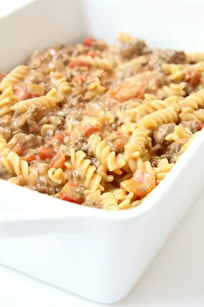 Beefy Pasta Bake in a white casserole dish.