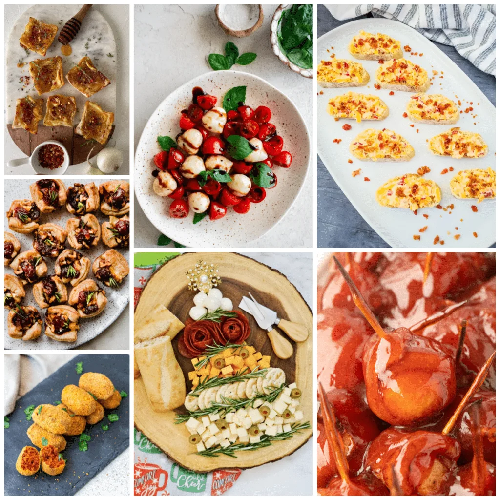 Collage of Christmas appetizers that travel well.