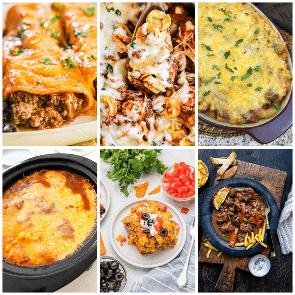 Collage of venison burger casserole recipes.