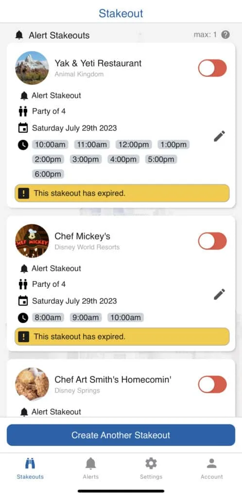Screenshot of Disney World Dining Reservation Finder Stakeout App