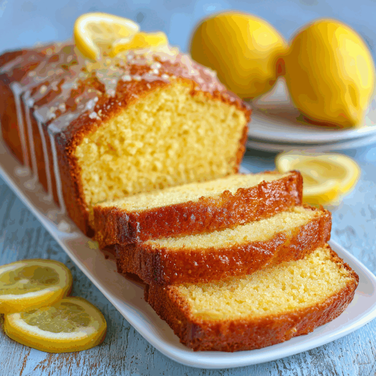 A sliced southern lemon pound cake with glaze sits on a white plate, garnished with lemon slices. Two whole lemons are on a plate in the background.