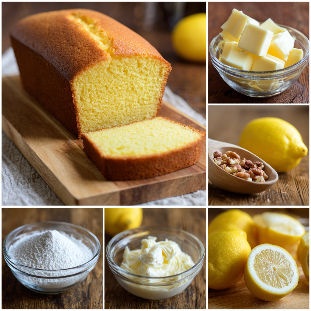 Collage showcasing a southern lemon pound cake sliced alongside bowls of cubed butter, powdered sugar, cream cheese, whole and halved lemons, and a spoon topped with walnuts and pecans.