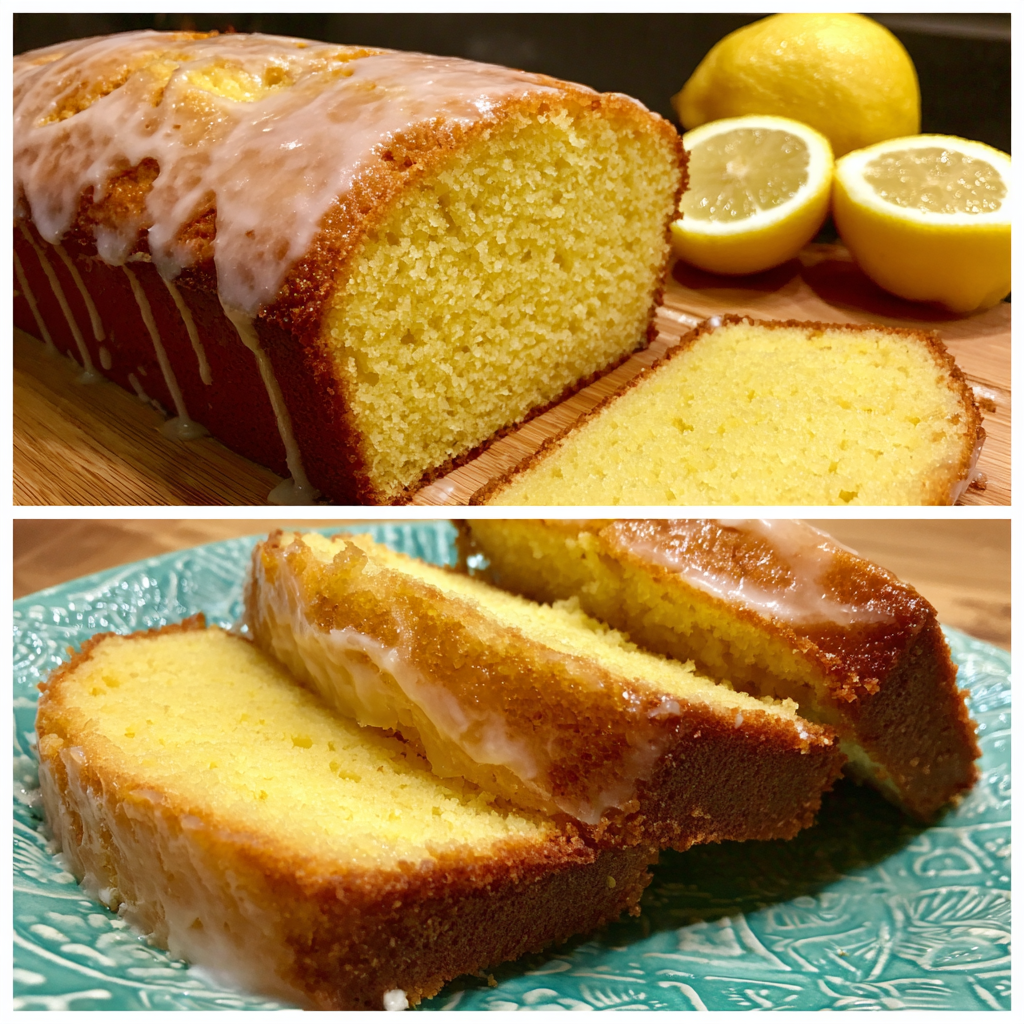 Two views of a southern lemon pound cake: one shows the whole glazed loaf with fresh lemons, while the other displays sliced pieces on a plate.