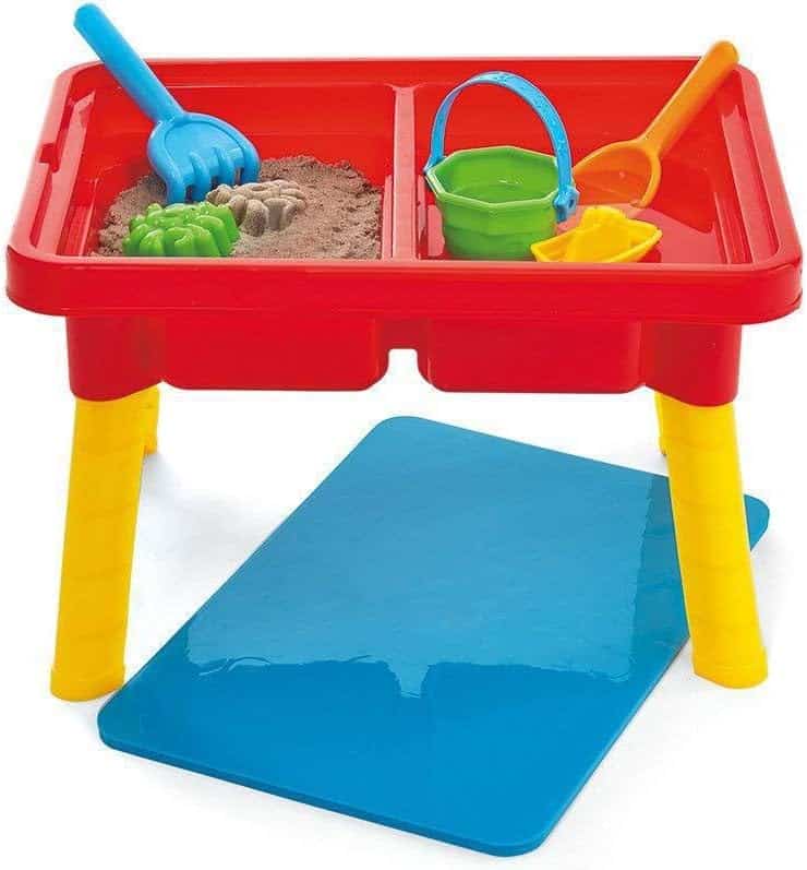 A red and yellow toddler sensory table. 