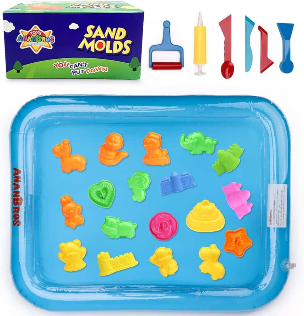 A sand molding kit with a mini plastic pool against a white background. 