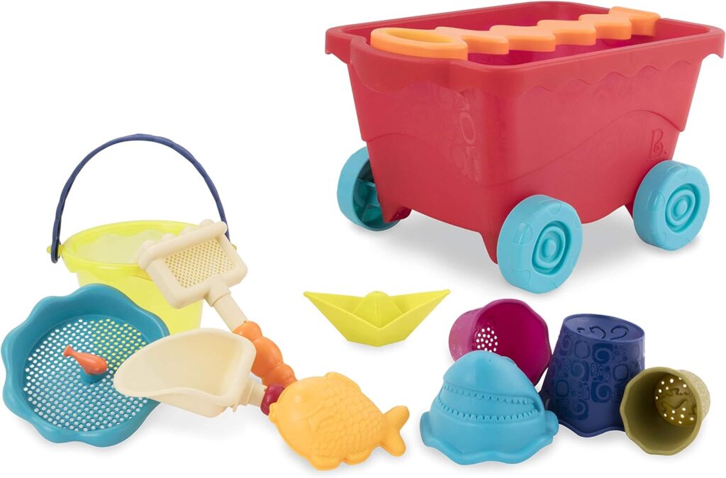 A red plastic wagon against a white background.