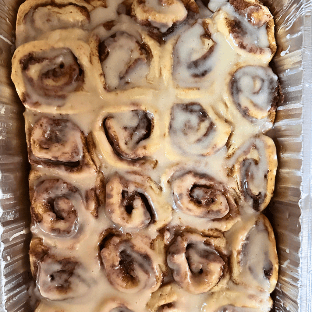 Mini Sourdough Cinnamon Rolls 2 pan of iced mini sourdough cinnamon rolls